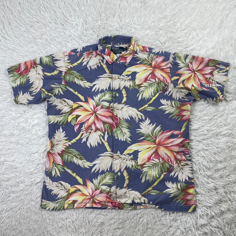 VTG Polo‎ Ralph Lauren Shirt Mens Large Blue Hawaiian Calwell Button Up Floral L